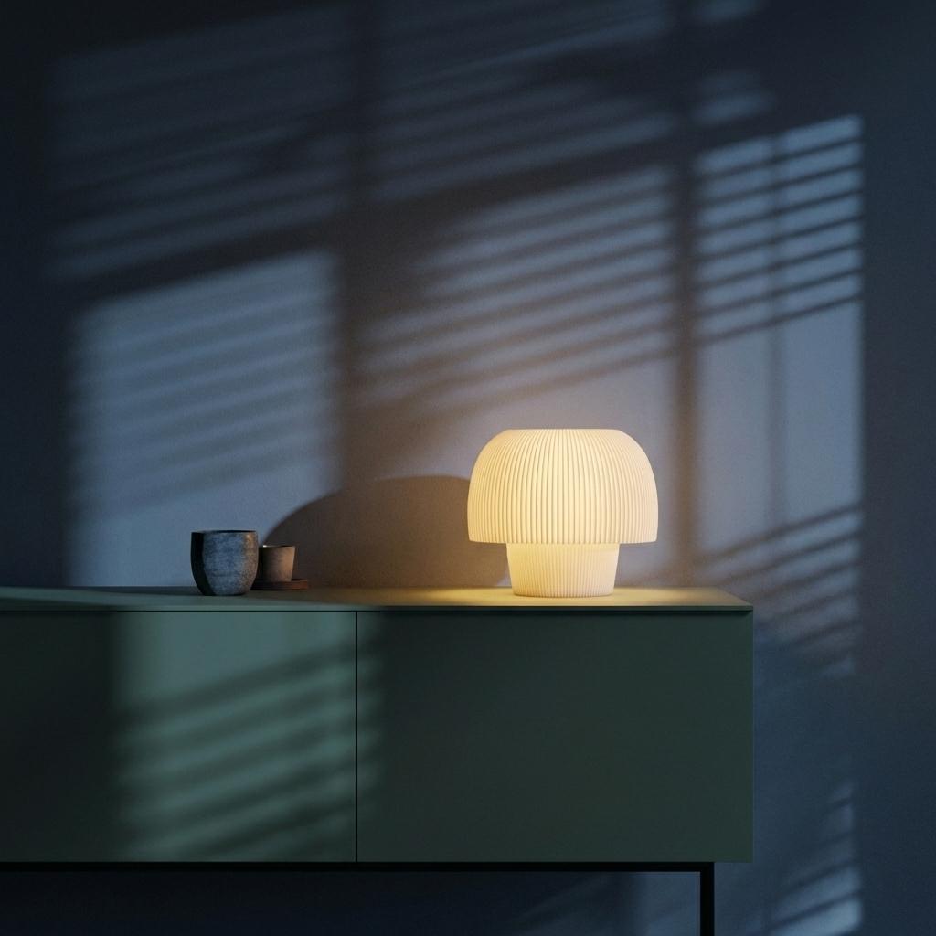 Luminária Cogumelo acesa sobre aparador verde, luz quente contra a luz fria da persiana