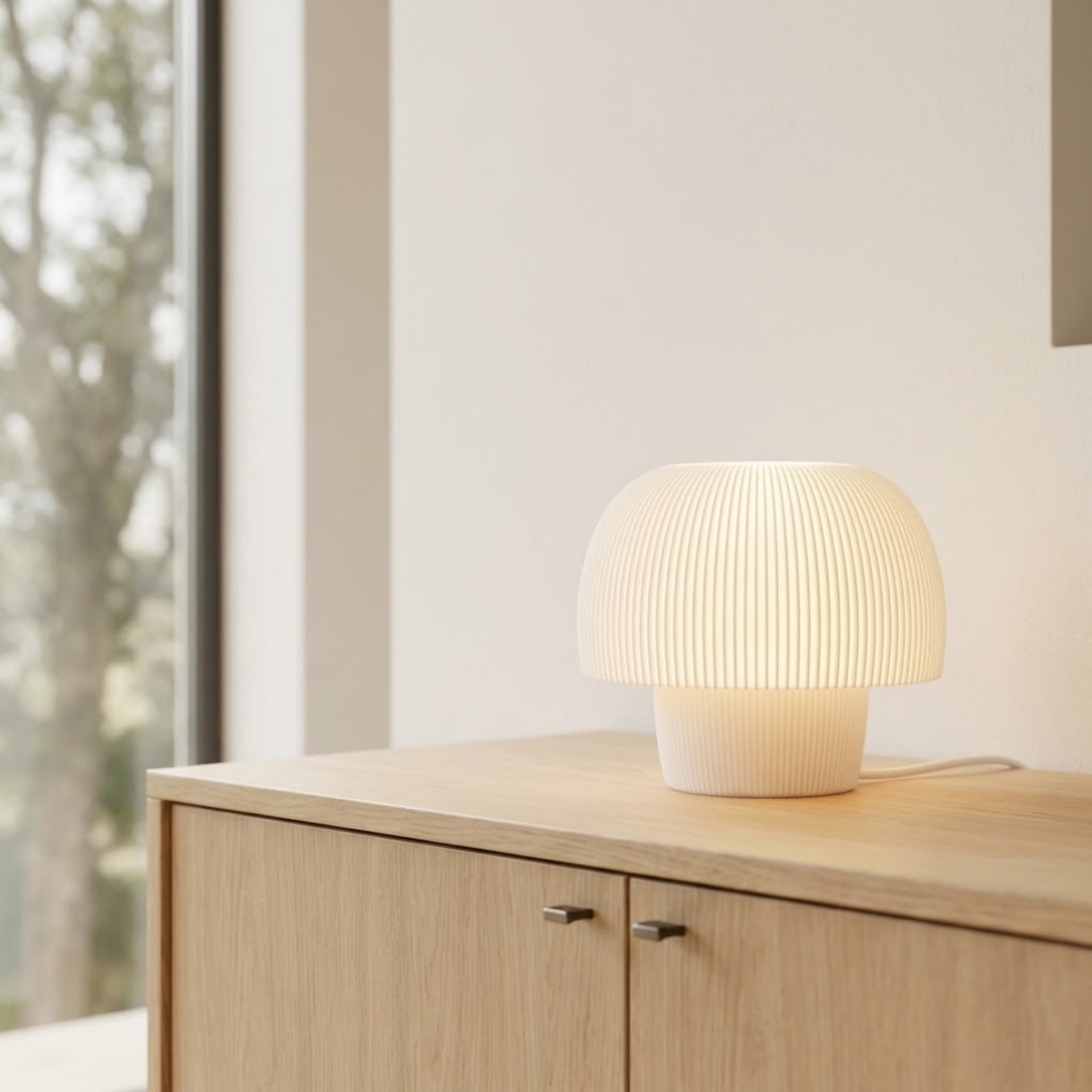 Luminária Cogumelo, luminária impressa em 3D da Éttore Decor, acesa num ambiente