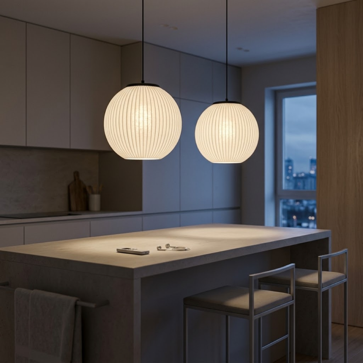 Dupla de Pendentes, pendentes impressos em 3D da Éttore Decor, acesa num ambiente à noite
