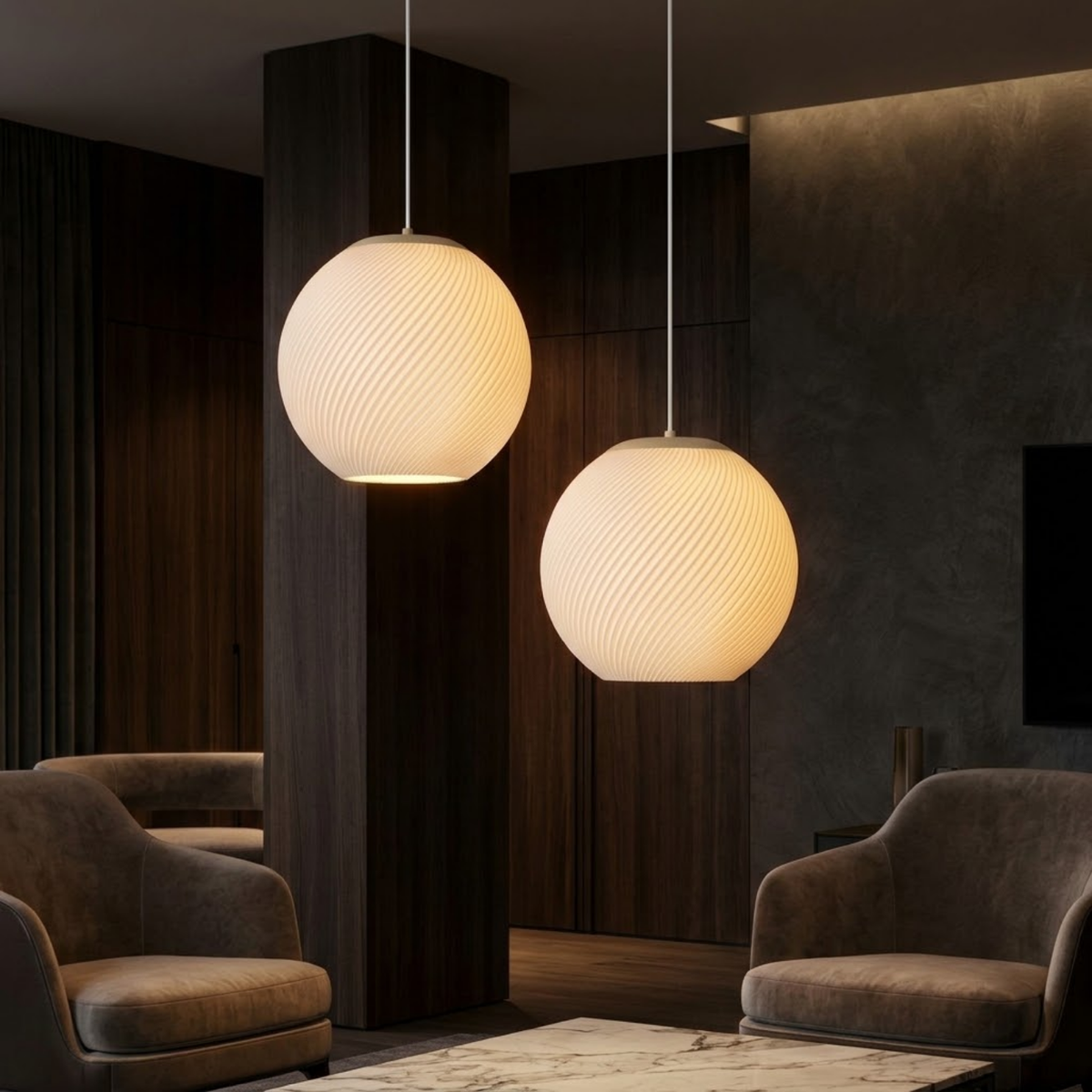Pendente Filetto com base bege, pendente impresso em 3D da Éttore Decor, em detalhe