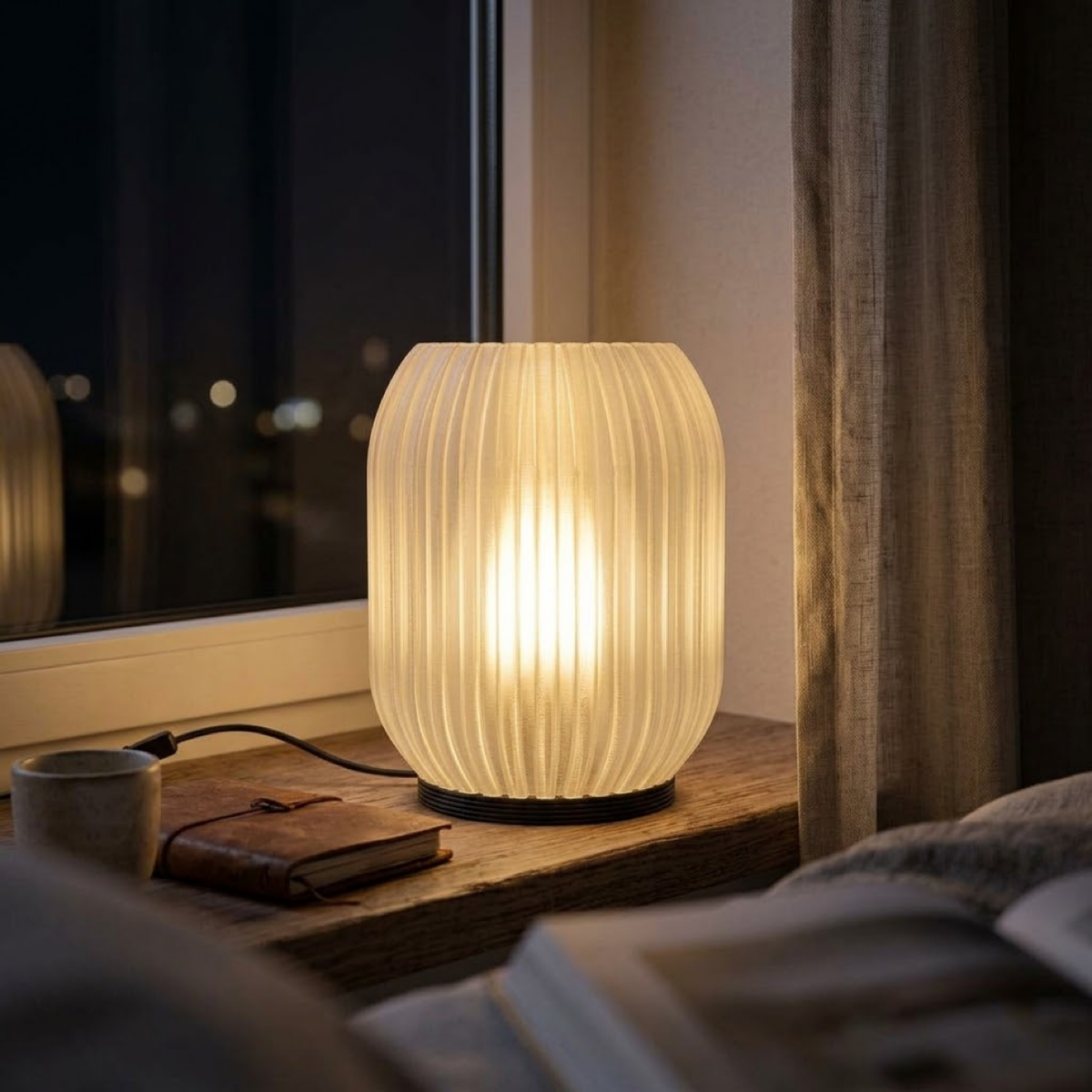 Luminária Colmeia Translúcida, luminária impressa em 3D da Éttore Decor, acesa num ambiente à noite