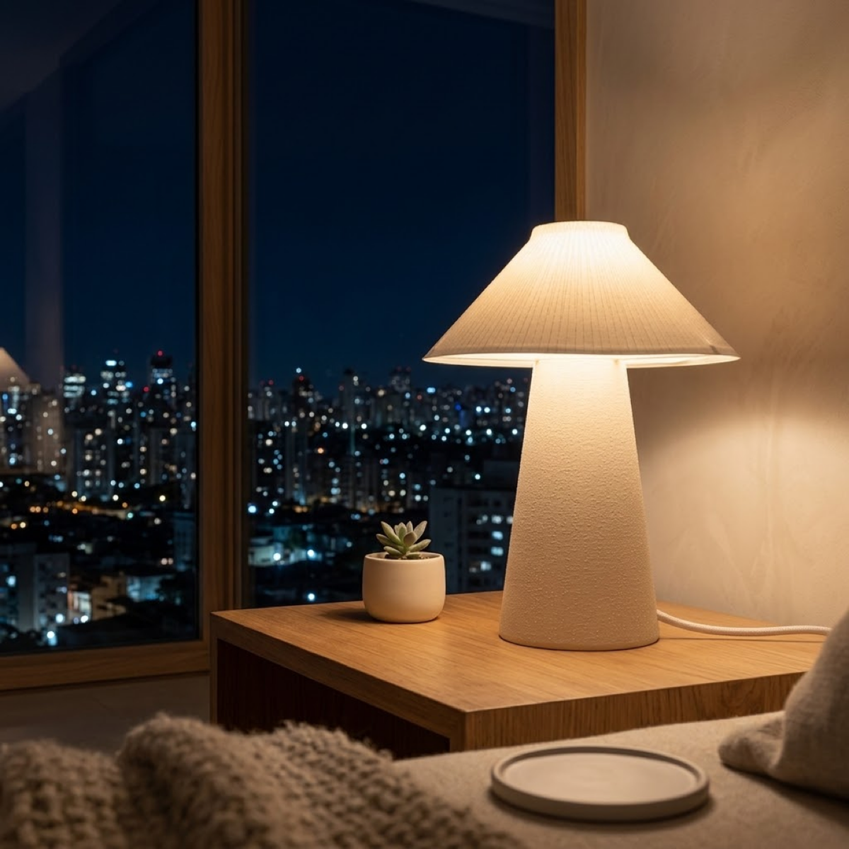 Luminária Ombrelone, luminária impressa em 3D da Éttore Decor, acesa num ambiente à noite
