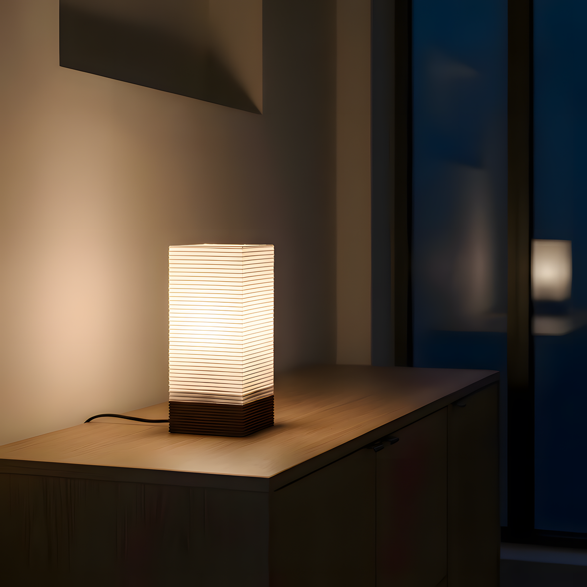 Luminária Torre Longa, luminária impressa em 3D da Éttore Decor, à noite, como única luz