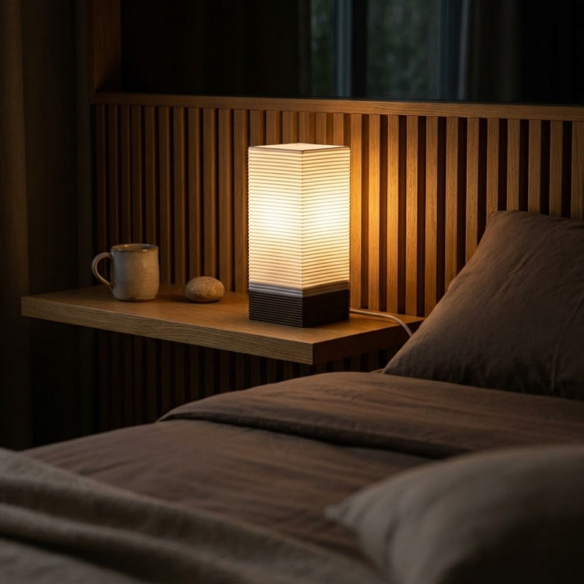 Luminária Torre Longa, luminária impressa em 3D da Éttore Decor, acesa num ambiente à noite