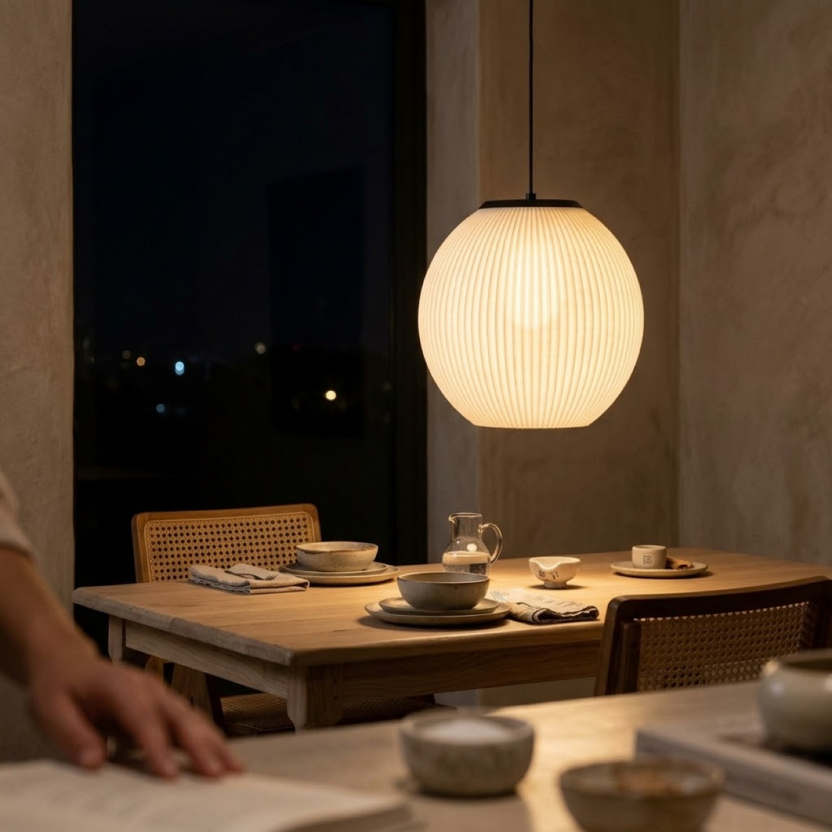 Pendente Bolla, pendente impresso em 3D da Éttore Decor, acesa num ambiente à noite