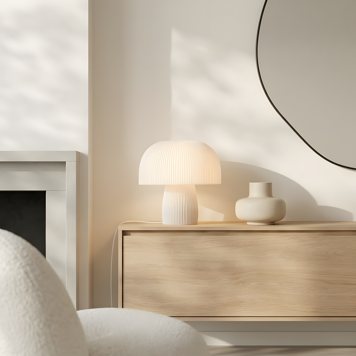 Luminária Cogumelo Grande, luminária impressa em 3D da Éttore Decor, acesa, mais perto
