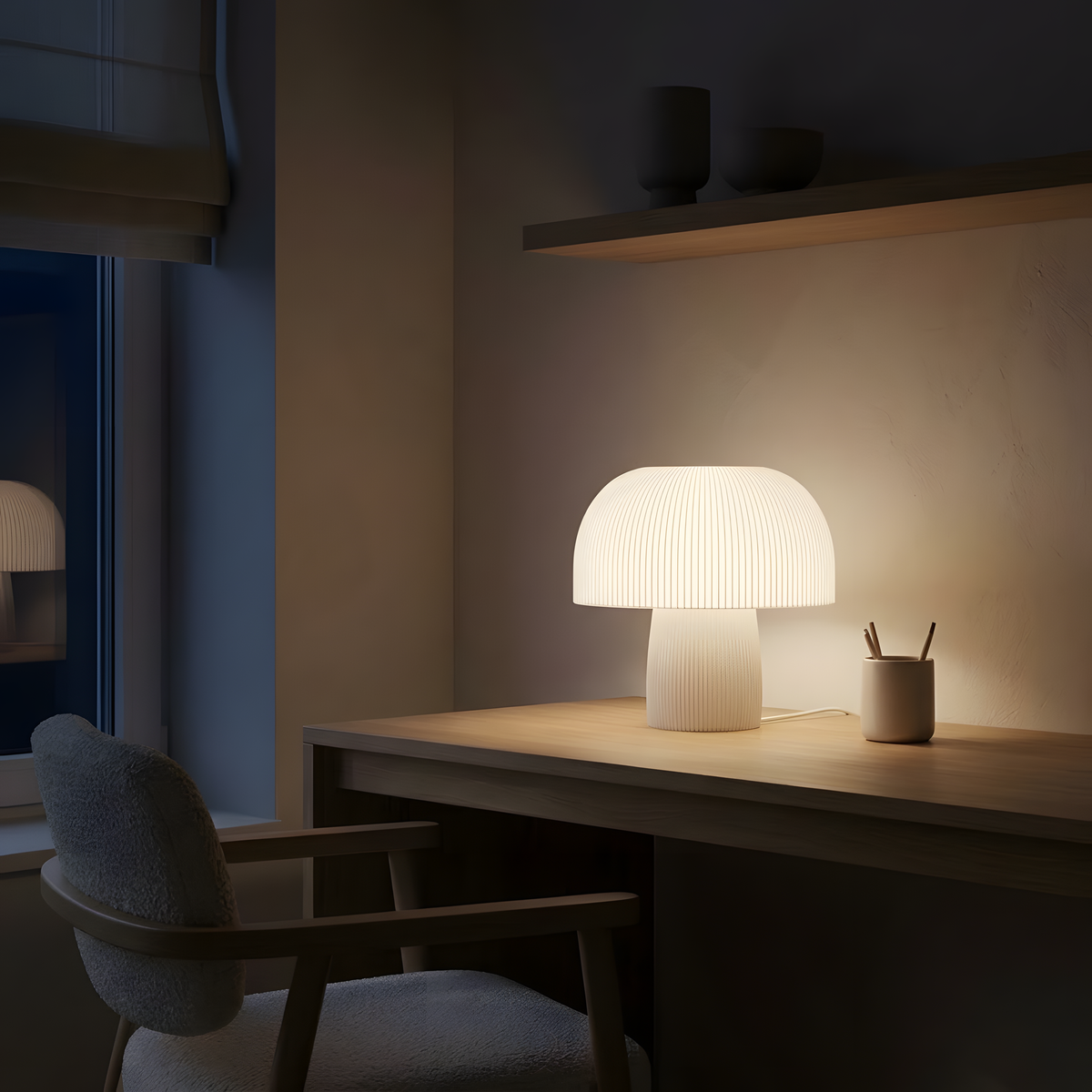 Luminária Cogumelo Grande, luminária impressa em 3D da Éttore Decor, à noite, como única luz