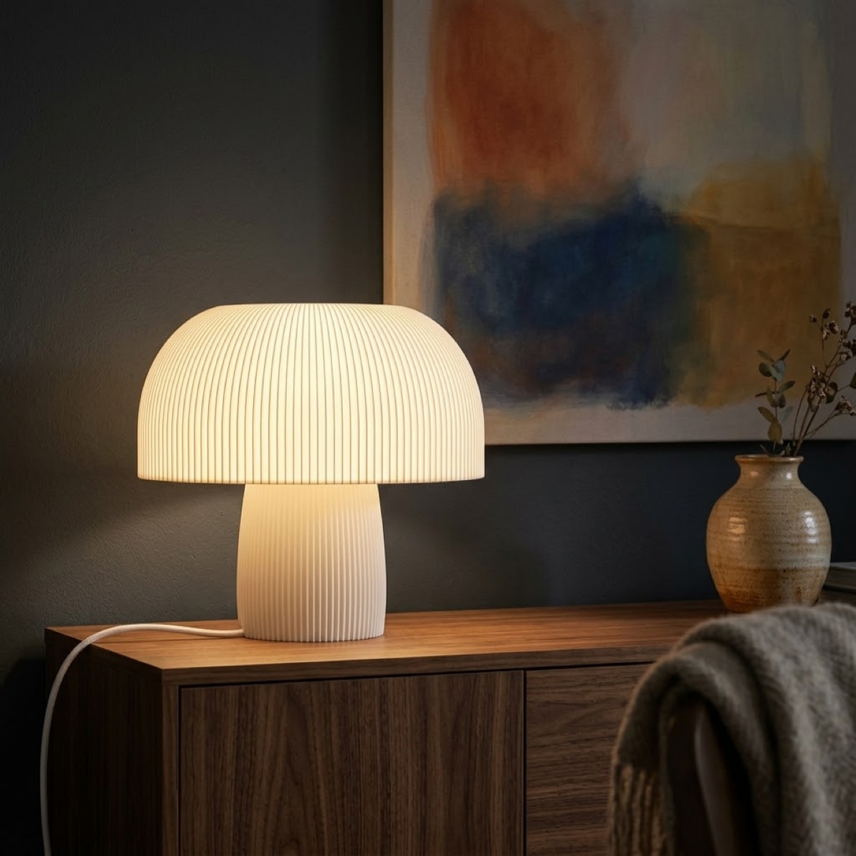 Luminária Cogumelo Grande, luminária impressa em 3D da Éttore Decor, acesa num ambiente à noite