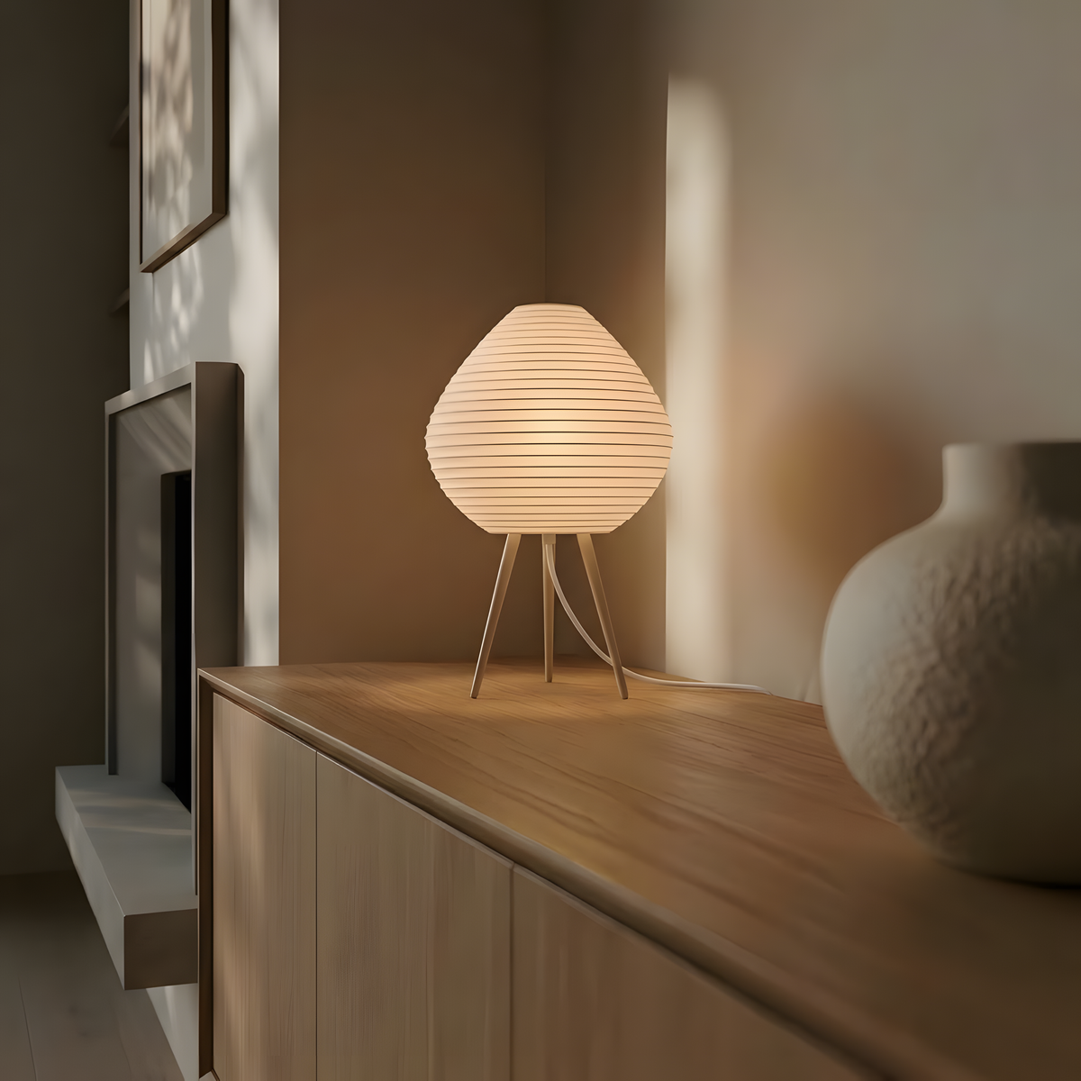 Luminária Nara com base bege, luminária impressa em 3D da Éttore Decor, acesa, still life