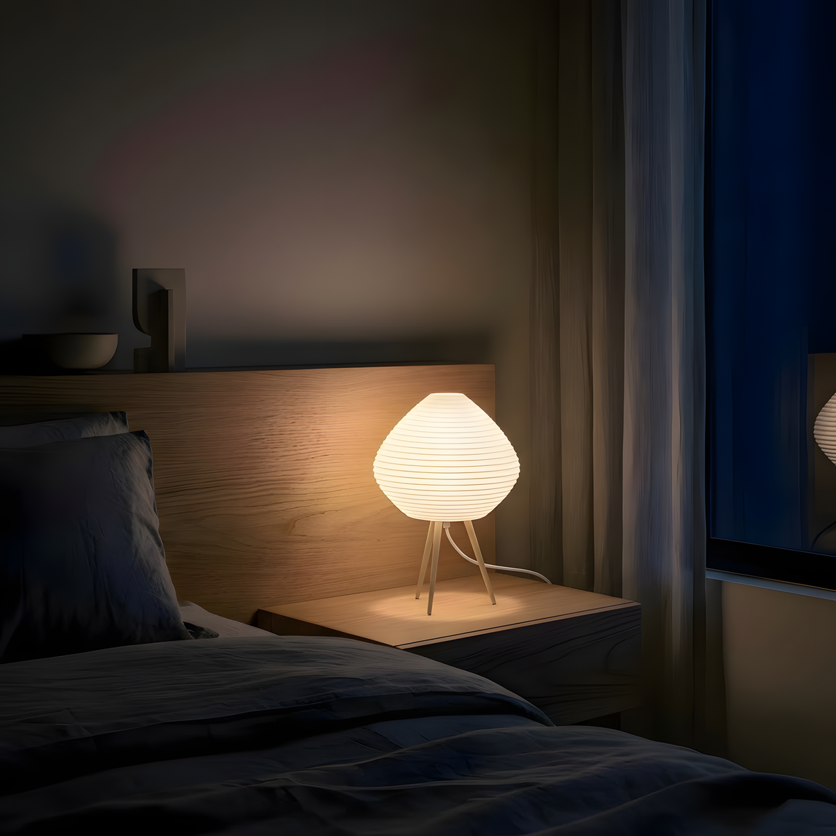 Luminária Nara com base bege, luminária impressa em 3D da Éttore Decor, à noite, como única luz