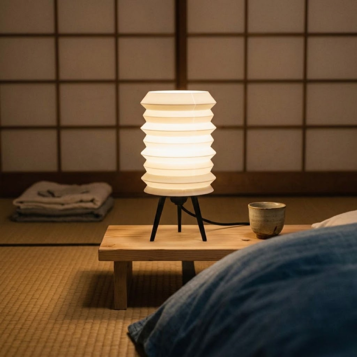 Luminária Kyoto, luminária impressa em 3D da Éttore Decor, acesa num ambiente à noite