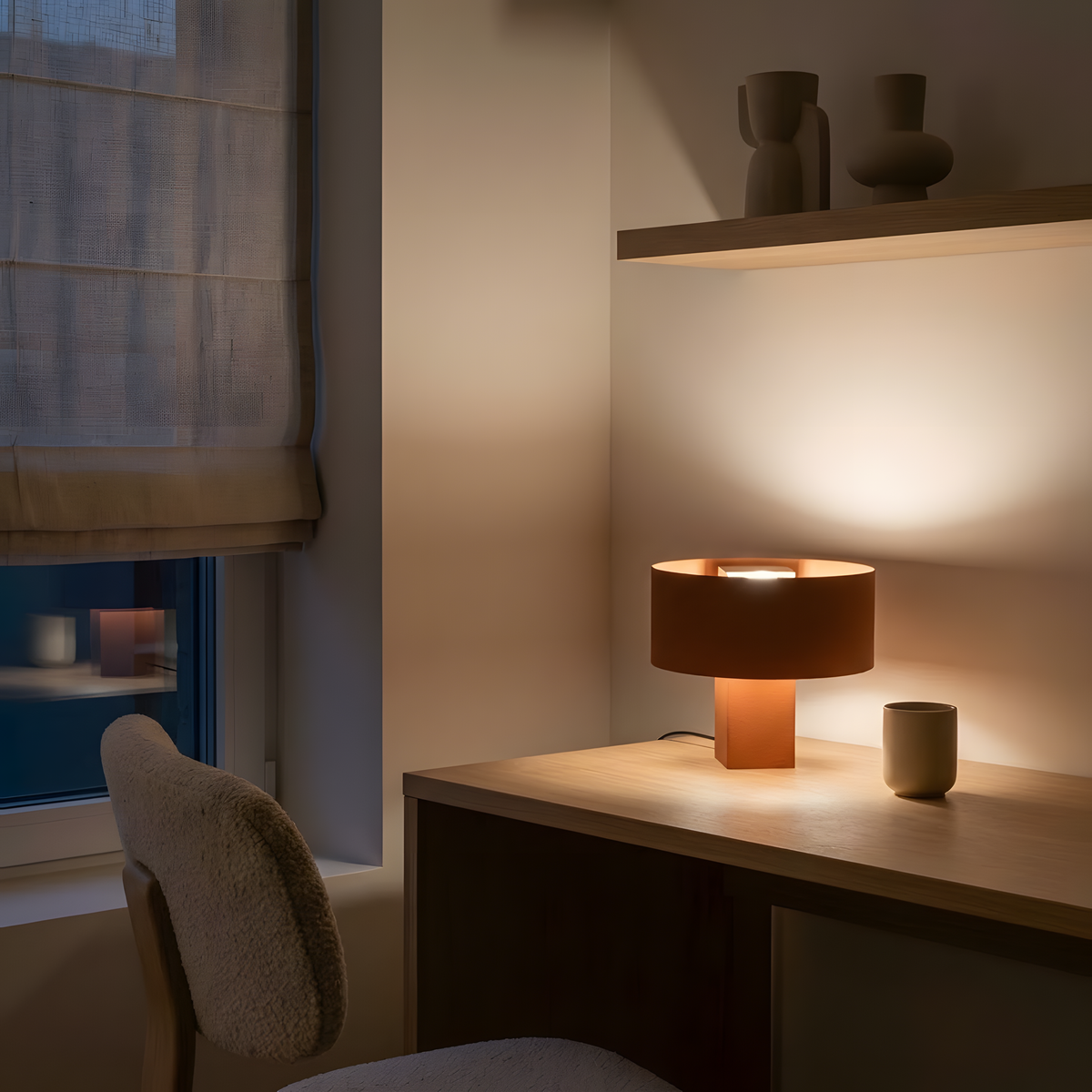 Luminária Satu, luminária impressa em 3D da Éttore Decor, à noite, como única luz