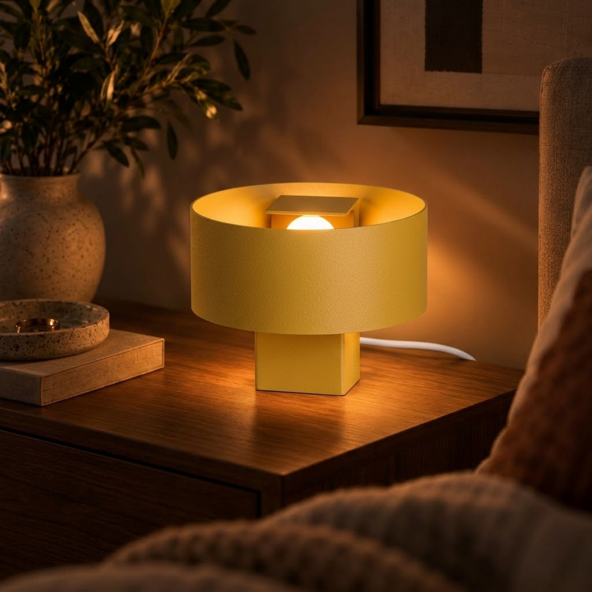Luminária Satu amarela, luminária impressa em 3D da Éttore Decor, acesa num quarto, à noite