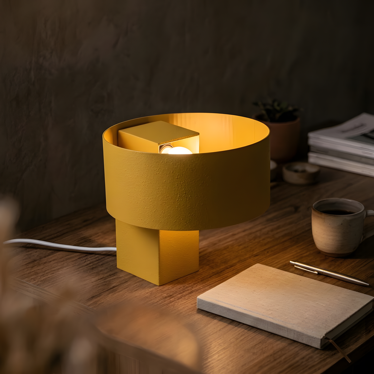 Luminária Satu amarela, luminária impressa em 3D da Éttore Decor, à noite, sobre a mesa, como única luz