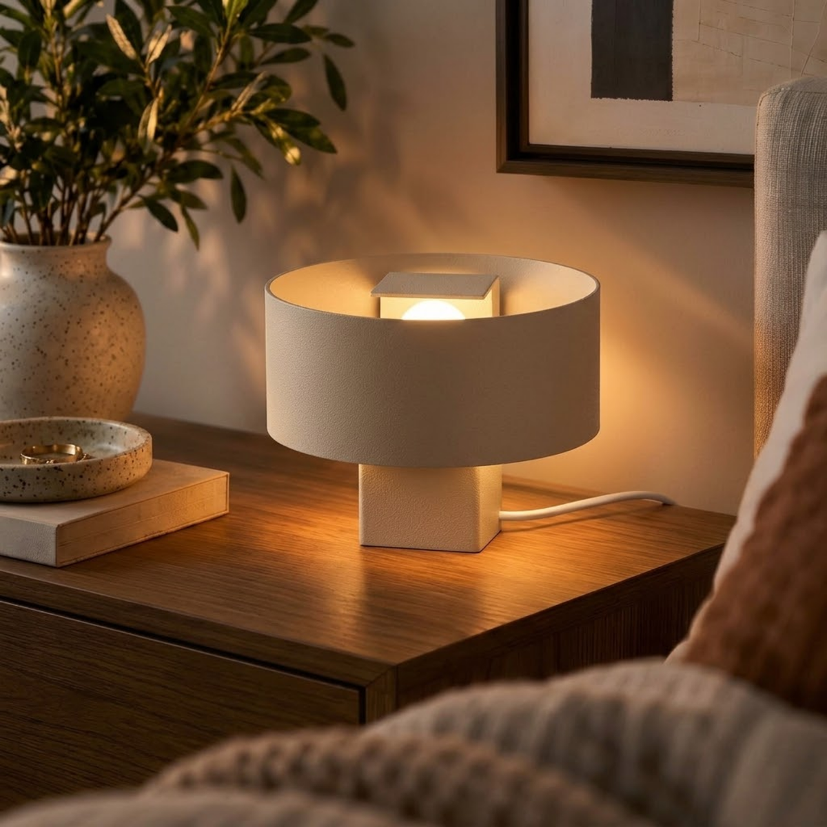 Luminária Satu bege, luminária impressa em 3D da Éttore Decor, acesa num quarto, à noite