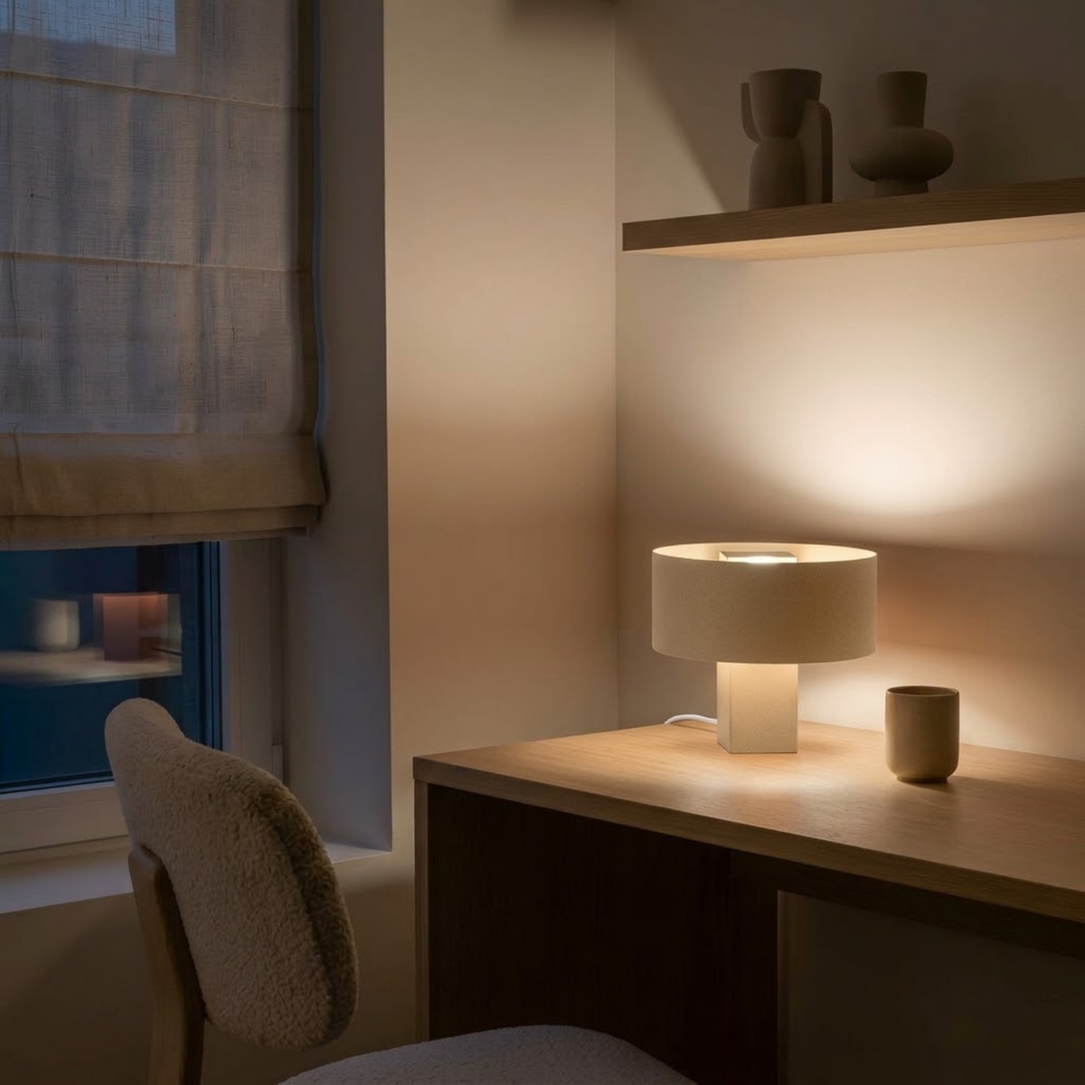 Luminária Satu bege, luminária impressa em 3D da Éttore Decor, acesa num escritório