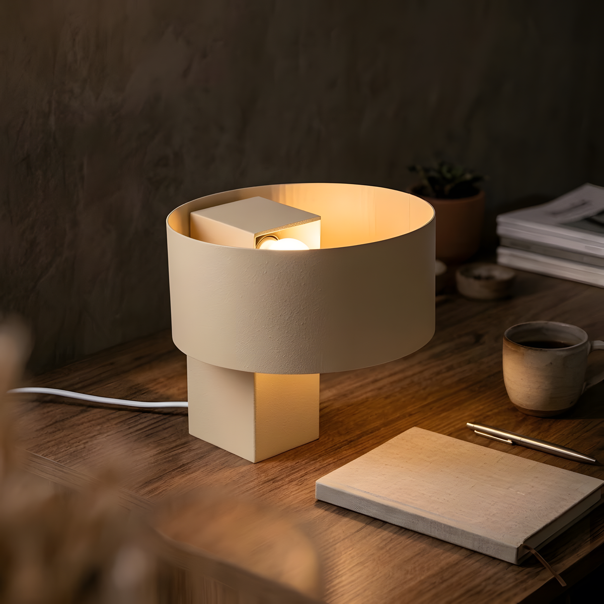 Luminária Satu bege, luminária impressa em 3D da Éttore Decor, à noite, sobre a mesa, como única luz