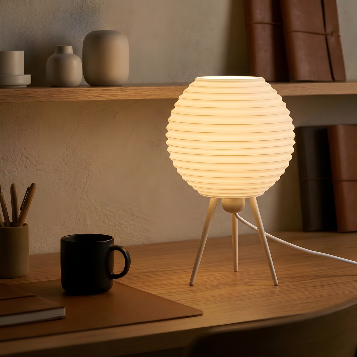 Luminária Tokyo com base bege, luminária impressa em 3D da Éttore Decor, acesa num ambiente à noite