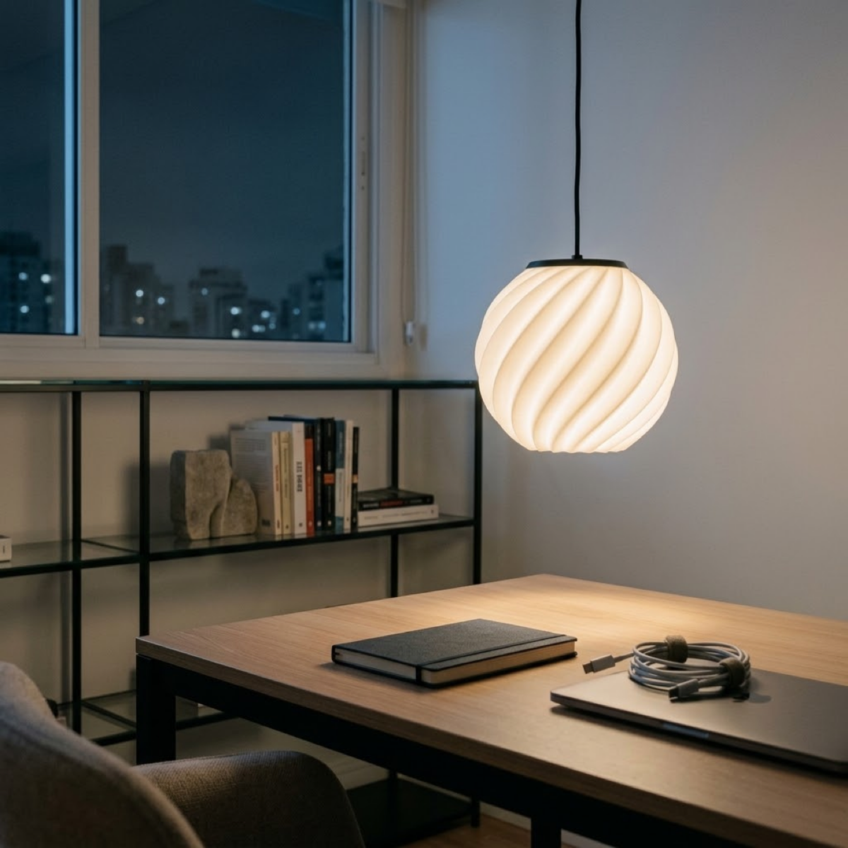 Pendente Maré, pendente impresso em 3D da Éttore Decor, acesa num ambiente à noite