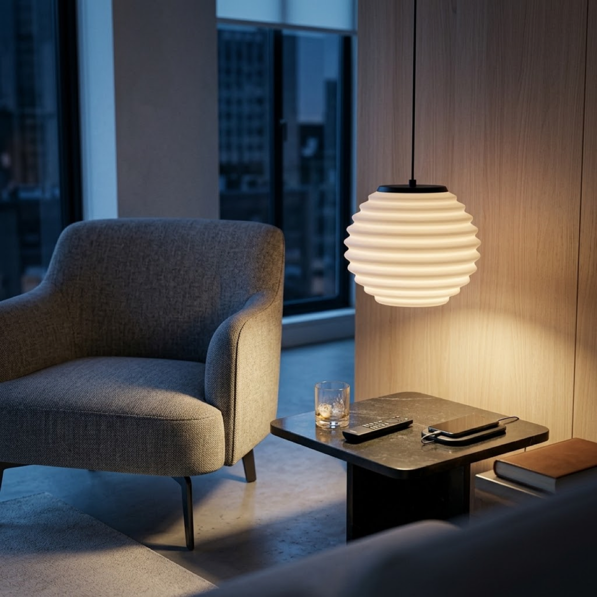 Pendente Waves, pendente impresso em 3D da Éttore Decor, acesa num ambiente à noite